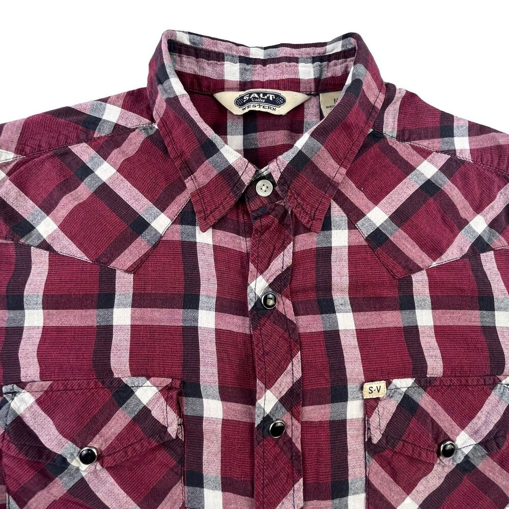 Salt Valley Western Shirt Men's M Maroon Plaid Pearl Snap Cowboy Long Sleeve
